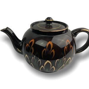 Vintage Brown Heath Ceramics Teapot Made in England Gold Trim Painted Design
